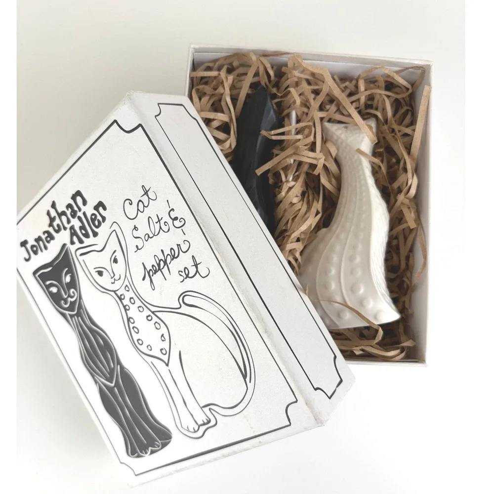 Jonathan Adler Cat Salt & Pepper Shakers Black White Porcelain w/ Original Box